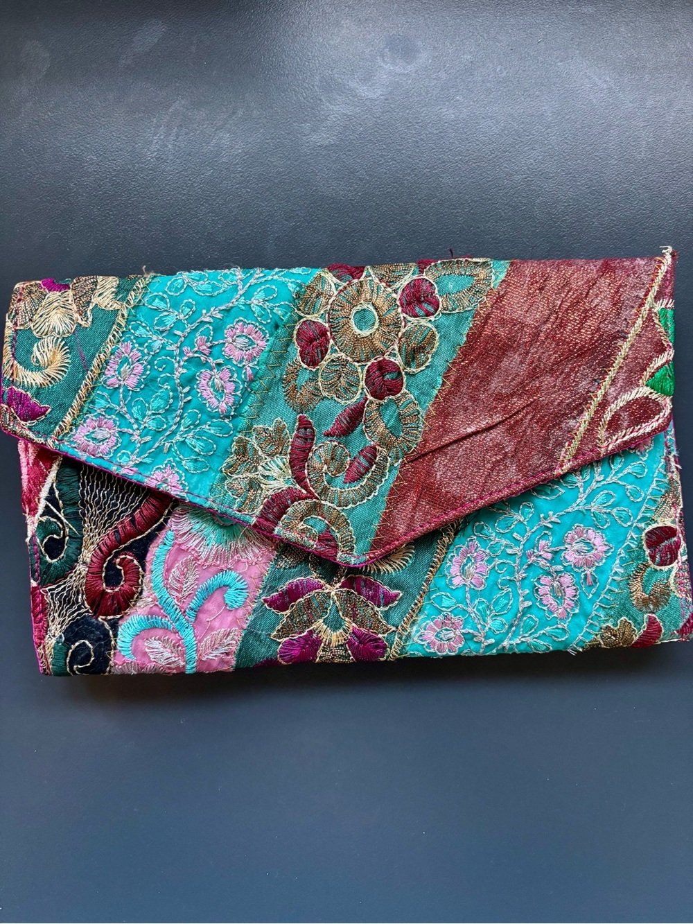 Embroidered Patchwork Satin Clutch Bag in Teal and Burgundy